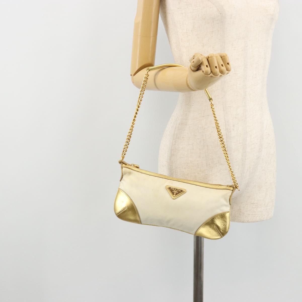 PRADA Chain Shoulder Bag Nylon White Gold Auth YKZ849A