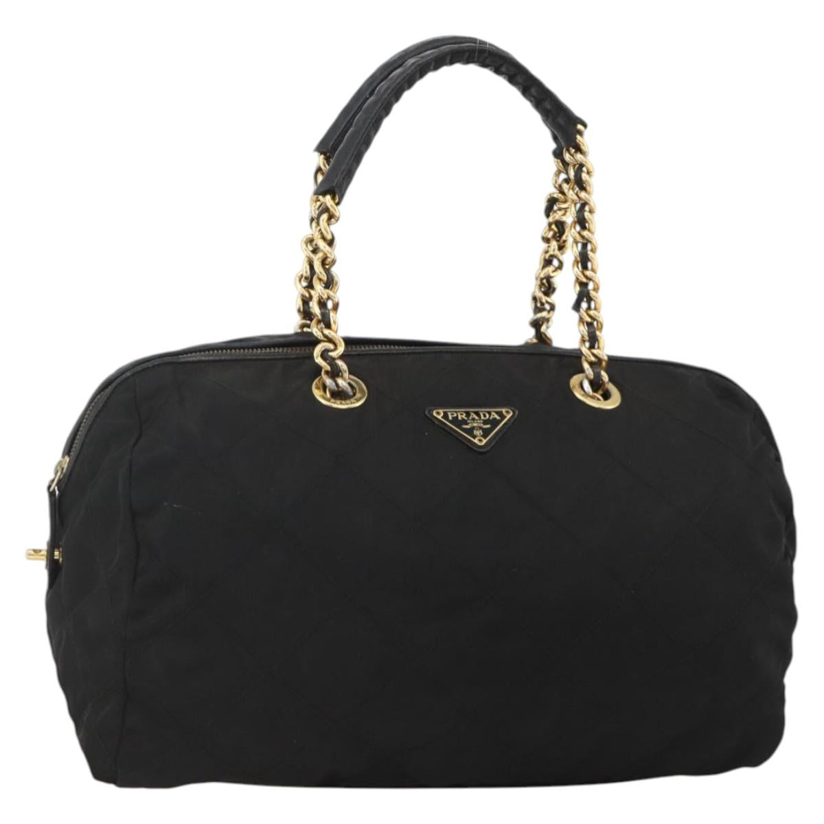 PRADA Boston Bag Nylon Black Gold Auth YKZ869