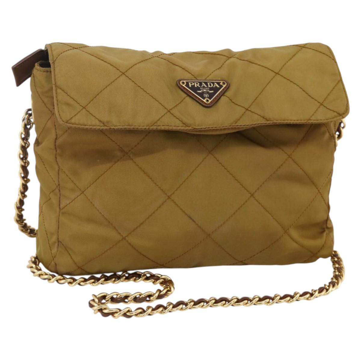 PRADA Chain Shoulder Bag Nylon Beige Gold Auth YKZ873