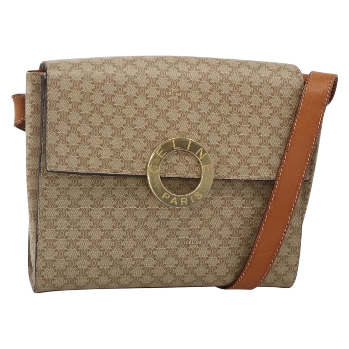CELINE Macadam Canvas Circle Shoulder Bag PVC Beige Gold Auth YKZ955