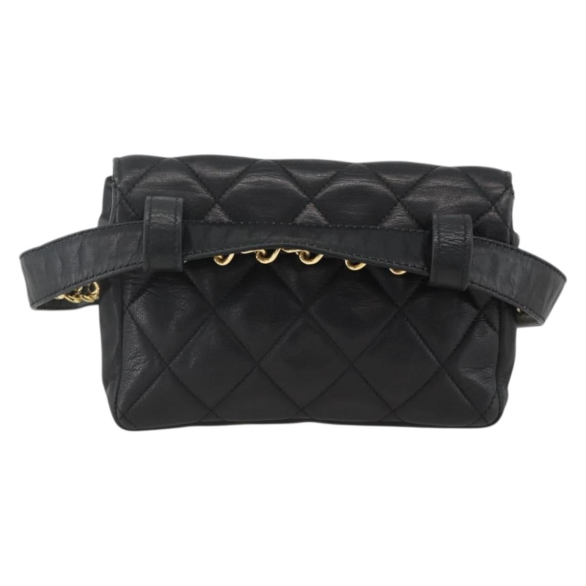 CHANEL Matelasse Waist bag Lamb Skin Black Gold CC Auth YKZ961