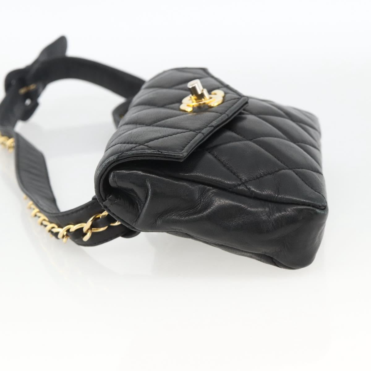 CHANEL Matelasse Waist bag Lamb Skin Black Gold CC Auth YKZ961