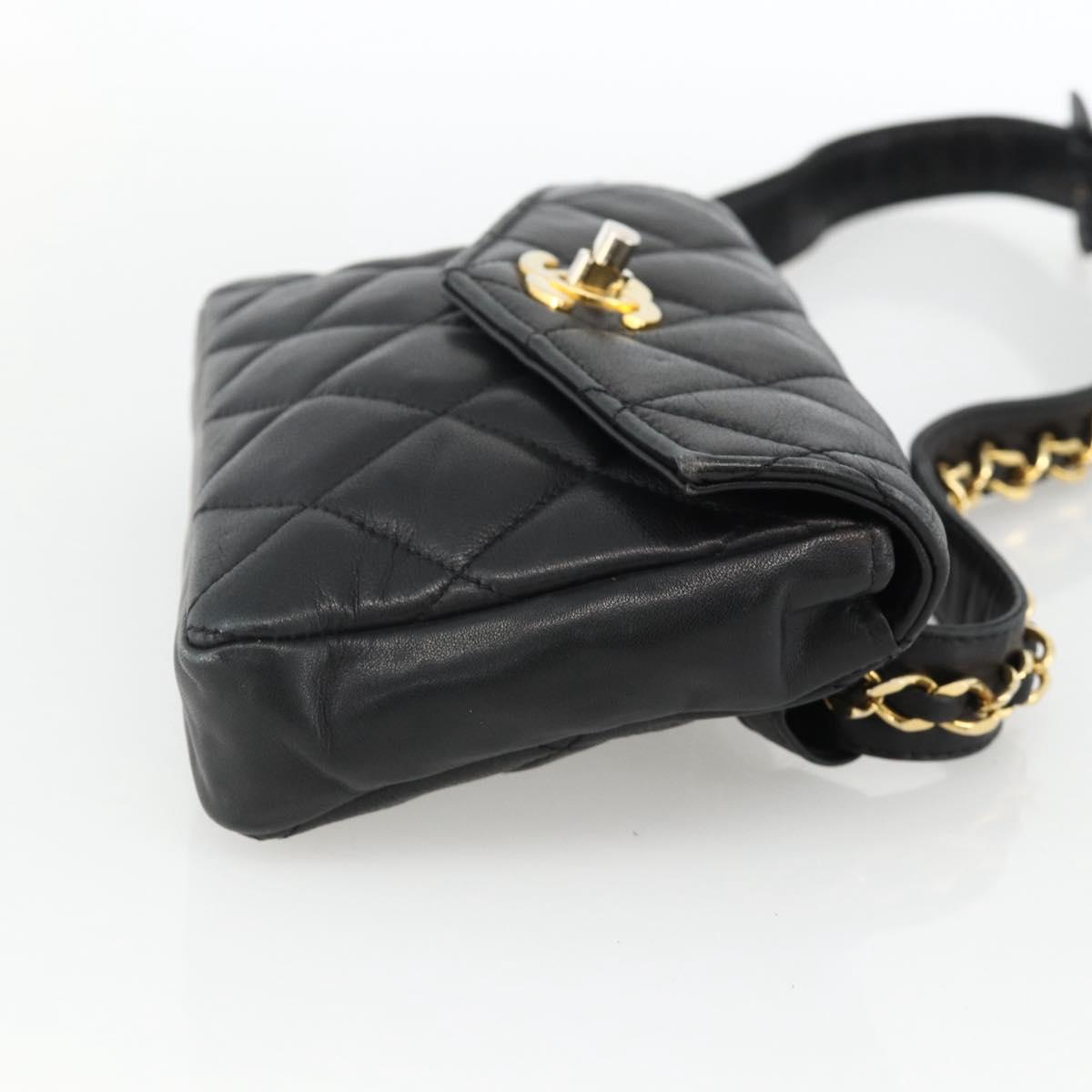 CHANEL Matelasse Waist bag Lamb Skin Black Gold CC Auth YKZ961