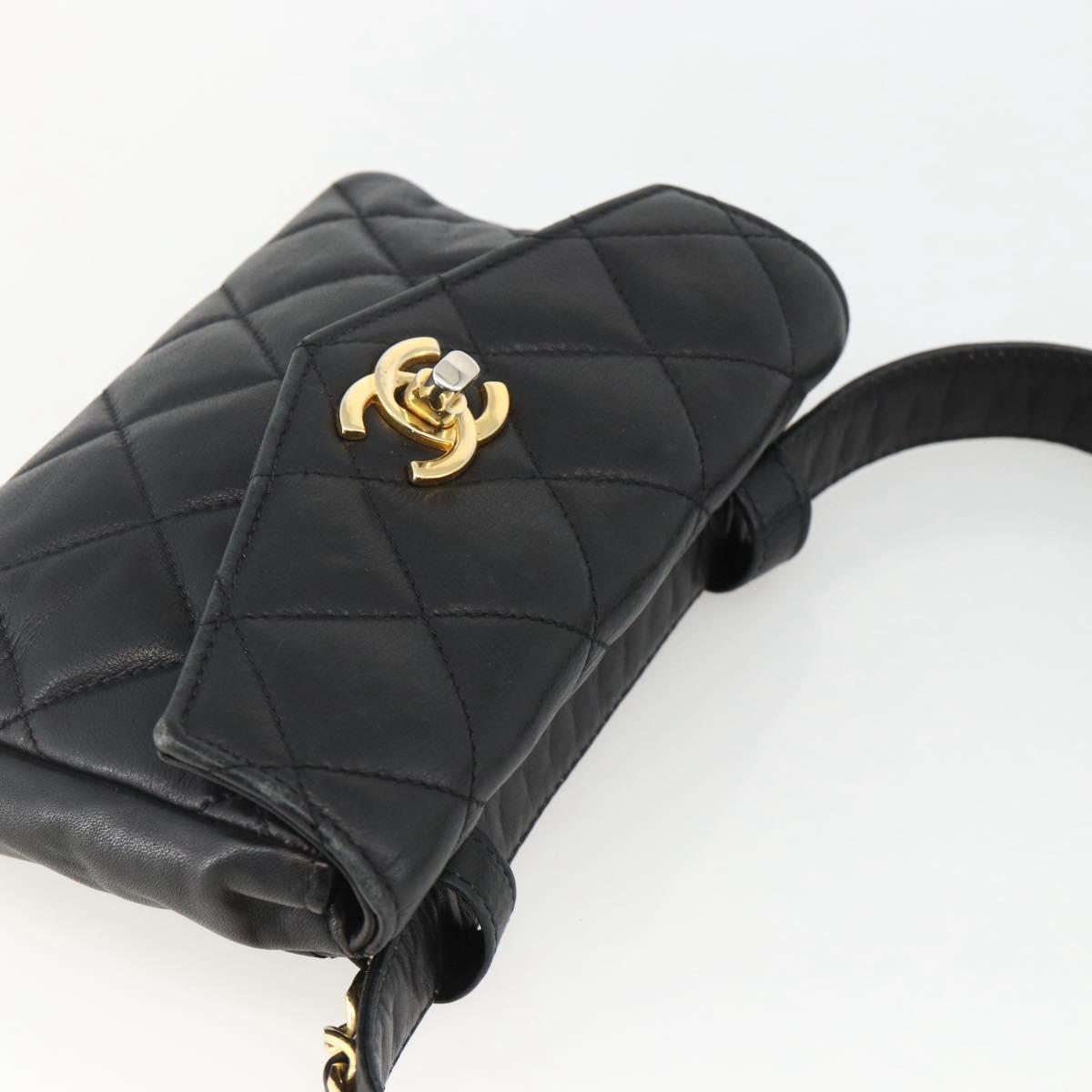 CHANEL Matelasse Waist bag Lamb Skin Black Gold CC Auth YKZ961