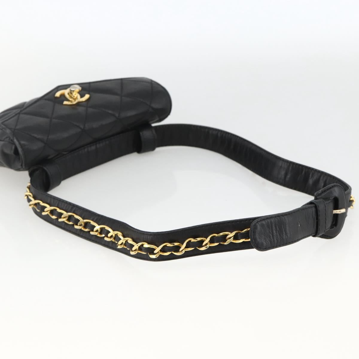 CHANEL Matelasse Waist bag Lamb Skin Black Gold CC Auth YKZ961