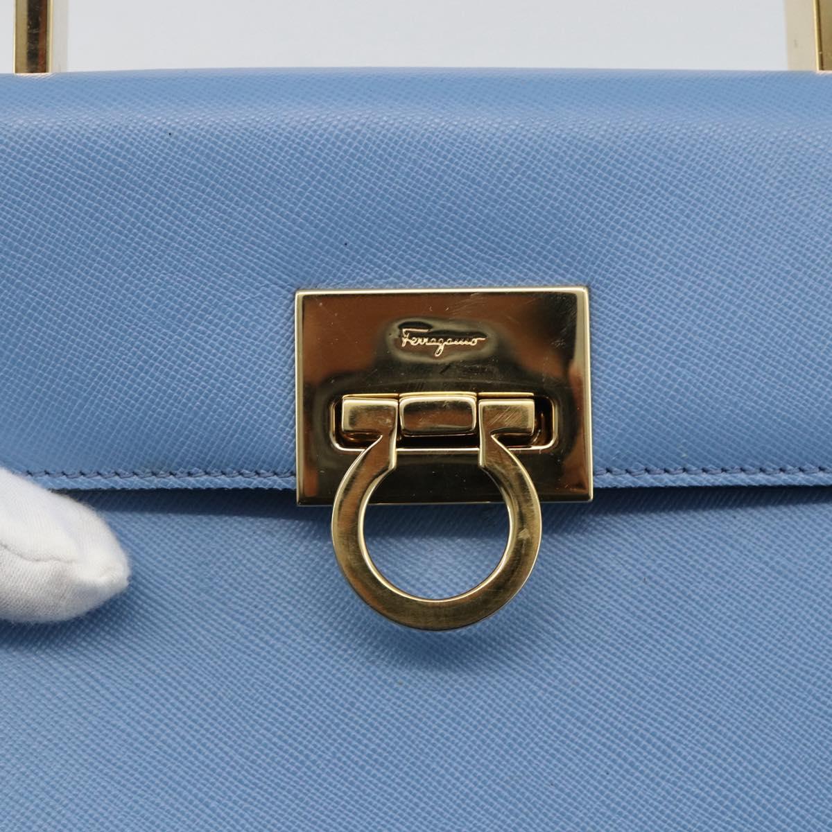 Salvatore Ferragamo Gancini Hand Bag Leather 2way Light Blue Gold Auth YKZ984A