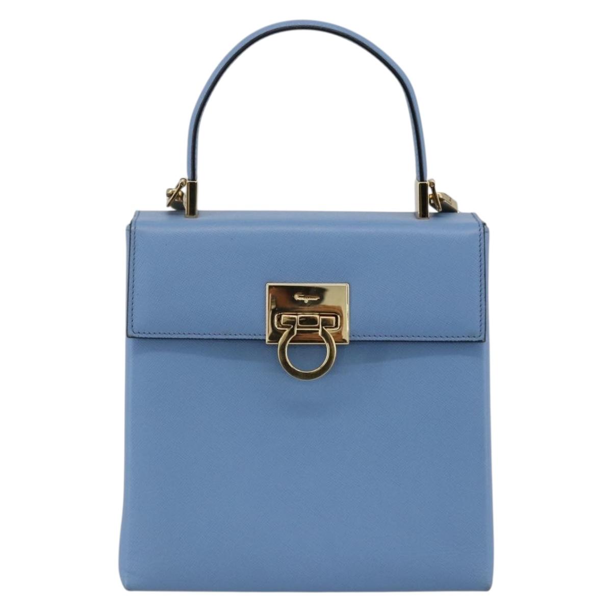 Salvatore Ferragamo Gancini Hand Bag Leather 2way Light Blue Gold Auth YKZ984A