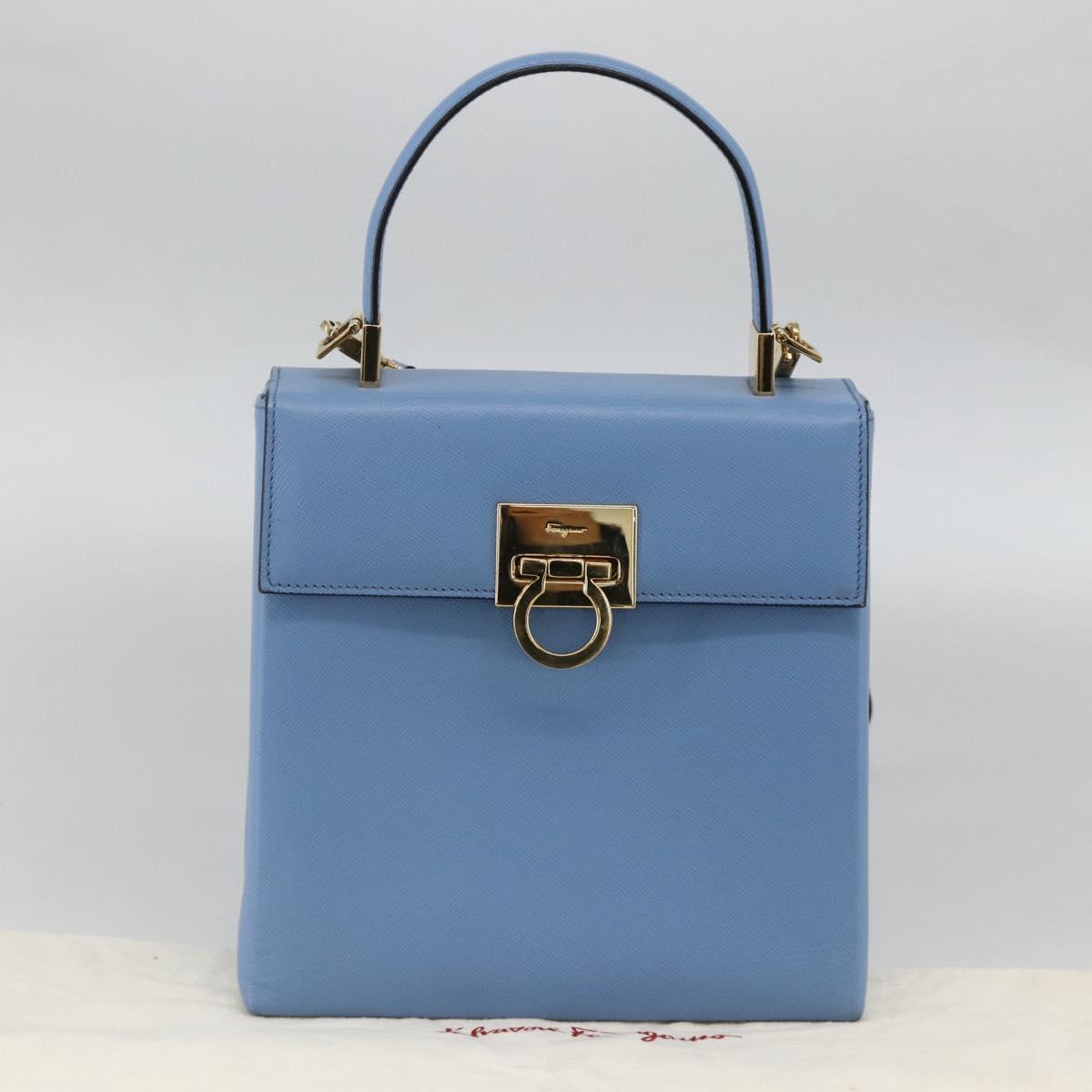 Salvatore Ferragamo Gancini Hand Bag Leather 2way Light Blue Gold Auth YKZ984A