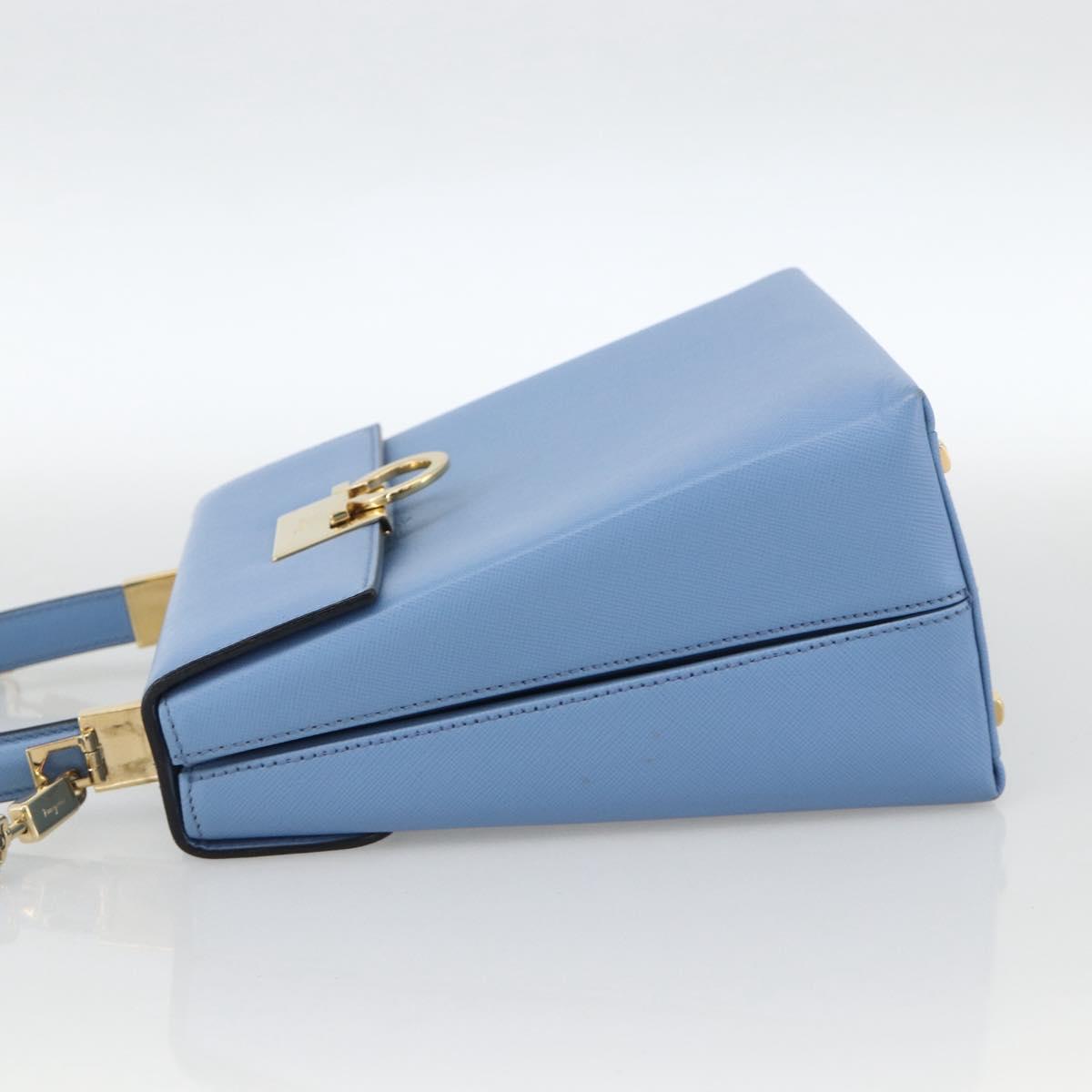 Salvatore Ferragamo Gancini Hand Bag Leather 2way Light Blue Gold Auth YKZ984A