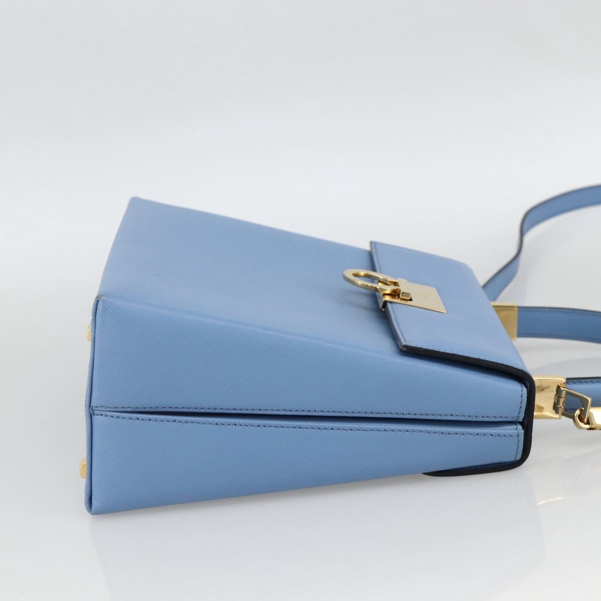 Salvatore Ferragamo Gancini Hand Bag Leather 2way Light Blue Gold Auth YKZ984A
