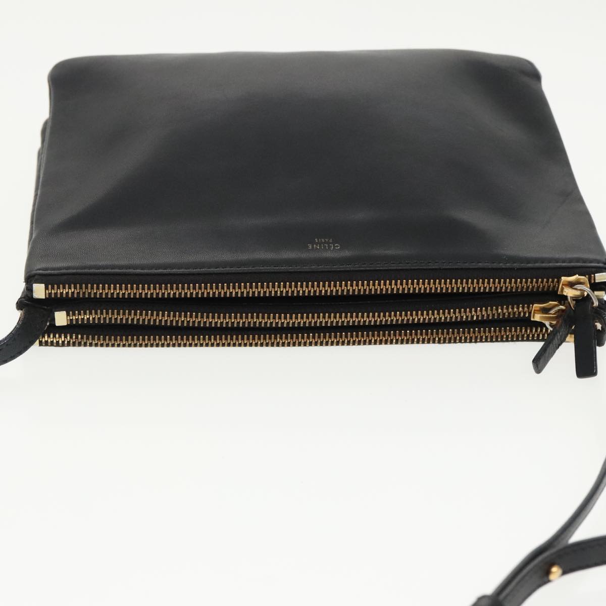 CELINE Trio Shoulder Bag Leather Black Gold Auth 100058