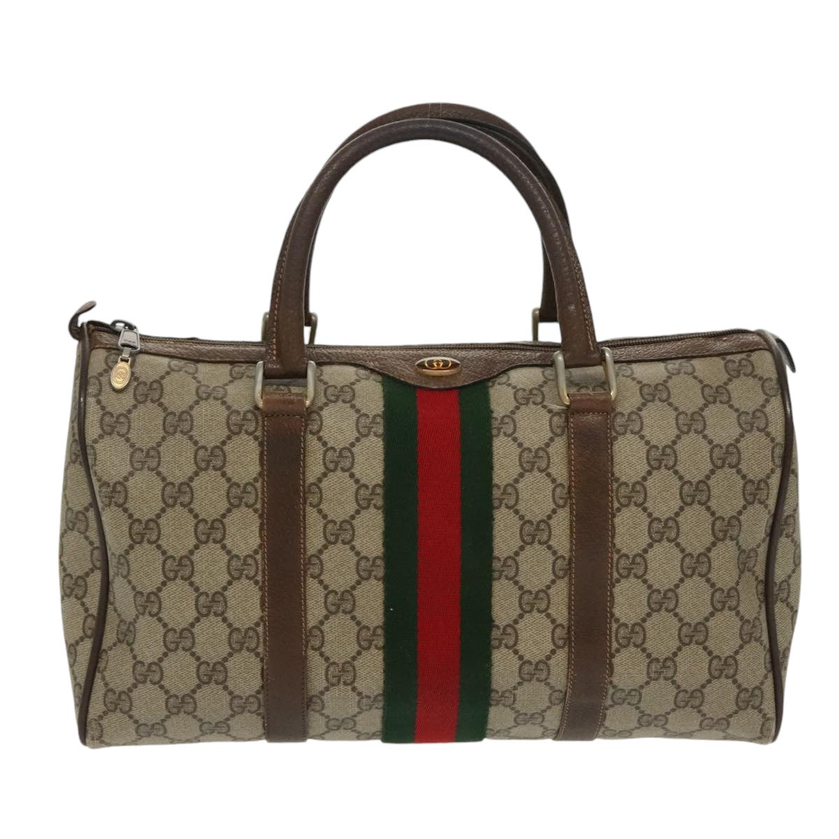 GUCCI GG Supreme Web Sherry Line Boston Bag PVC Beige Red 378 02 07 Auth 100064