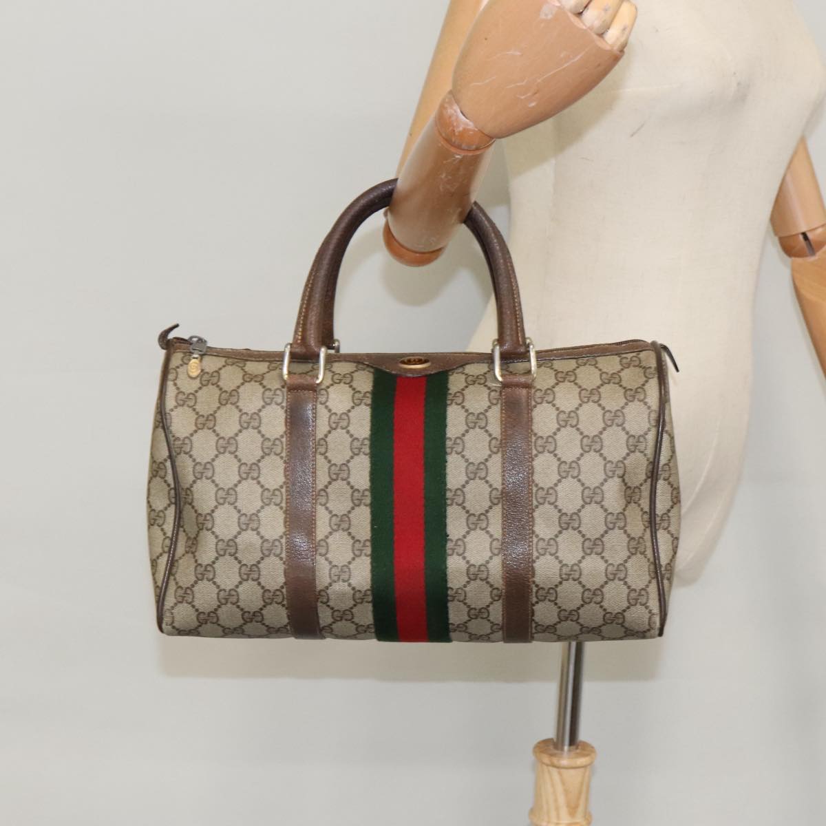 GUCCI GG Supreme Web Sherry Line Boston Bag PVC Beige Red 378 02 07 Auth 100064