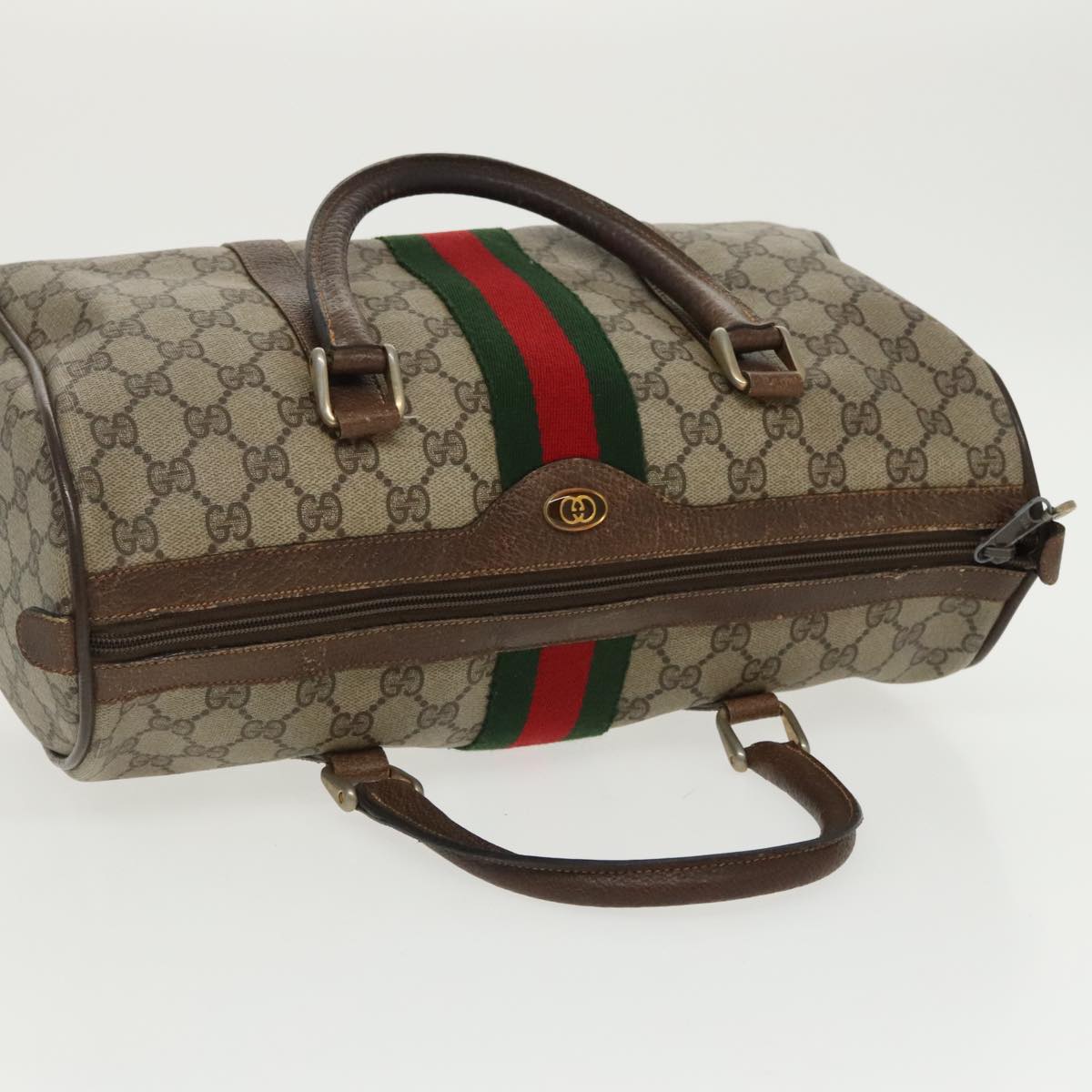 GUCCI GG Supreme Web Sherry Line Boston Bag PVC Beige Red 378 02 07 Auth 100064