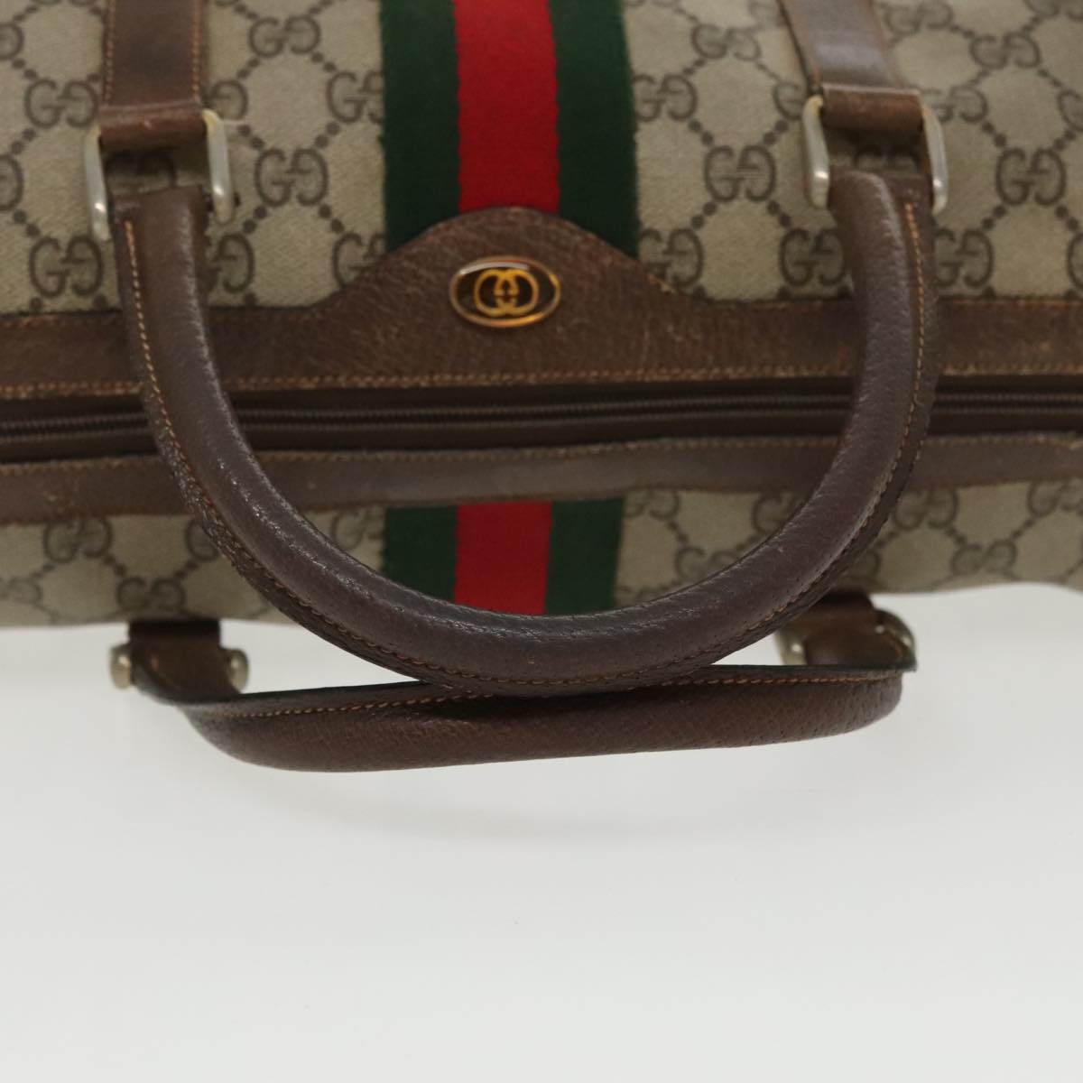 GUCCI GG Supreme Web Sherry Line Boston Bag PVC Beige Red 378 02 07 Auth 100064