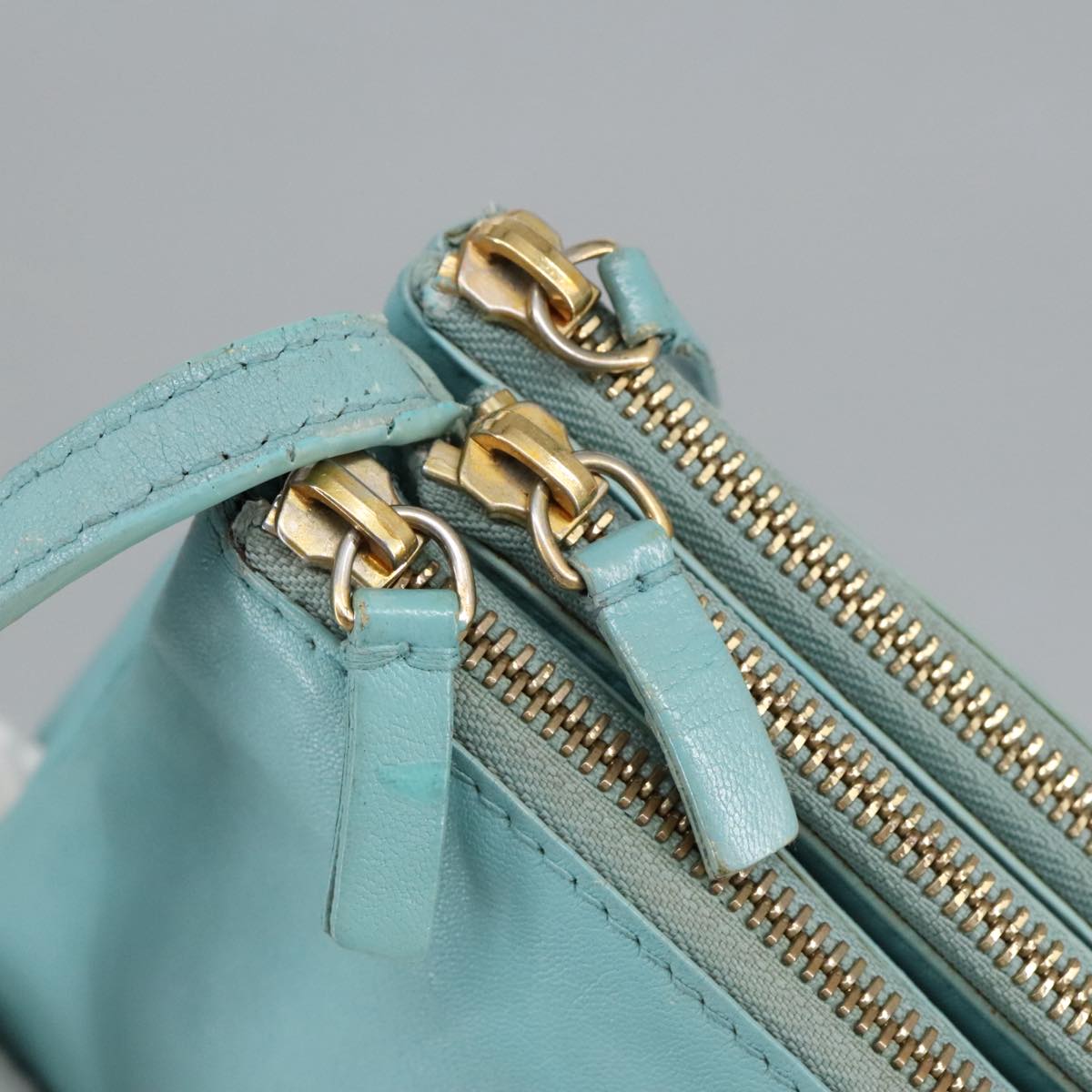 CELINE Trio Shoulder Bag Leather Light Blue Gold Auth 100074