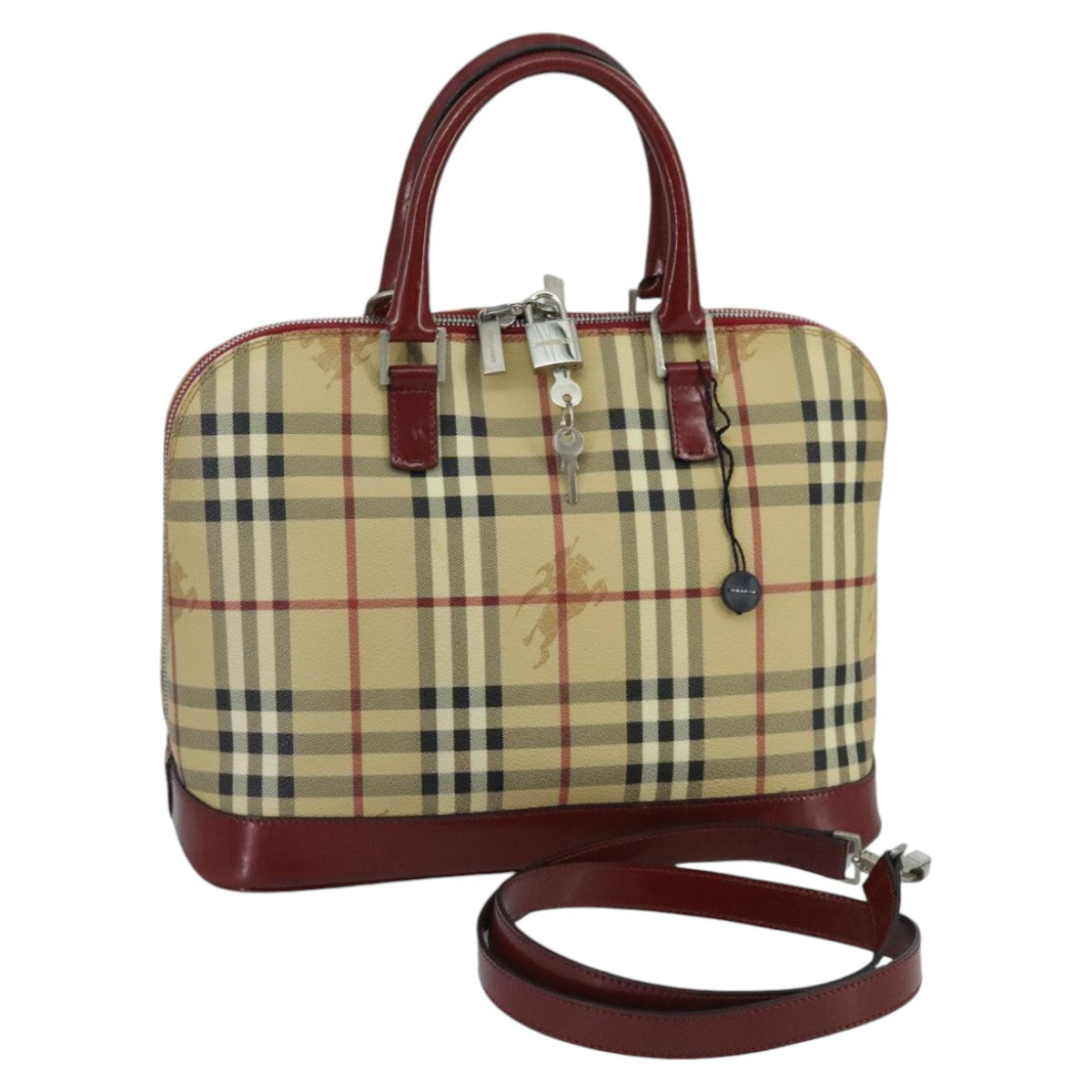 BURBERRY Nova Check Hand Bag PVC 2way Silver Beige Auth 100157