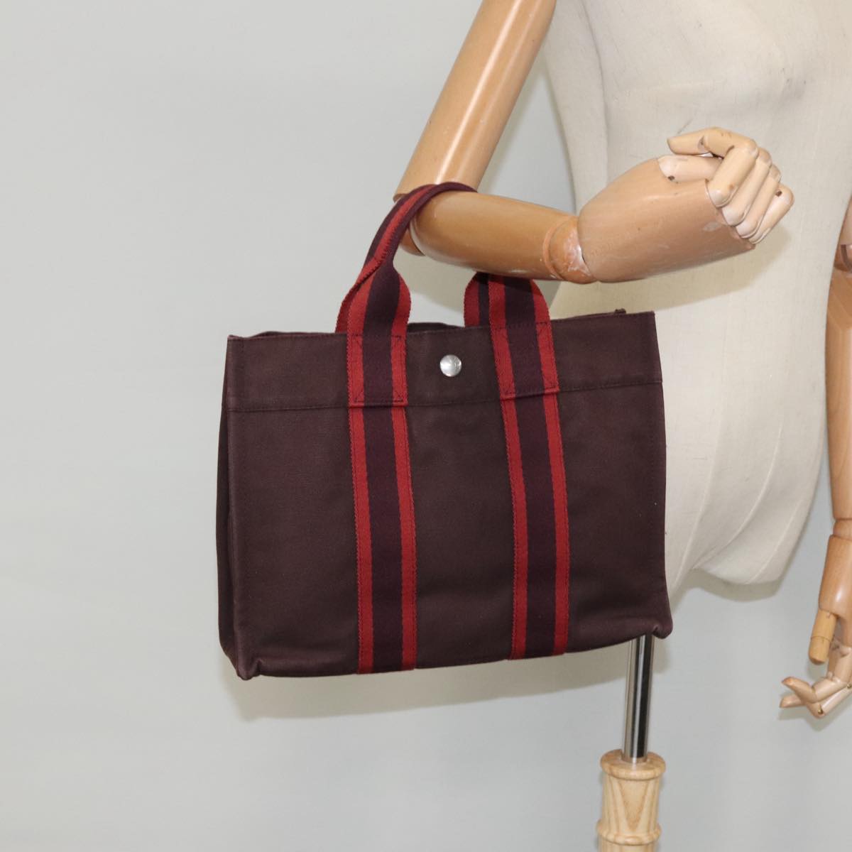 HERMES Fourre Tout PM Hand Bag Canvas Red Brown Auth 100168