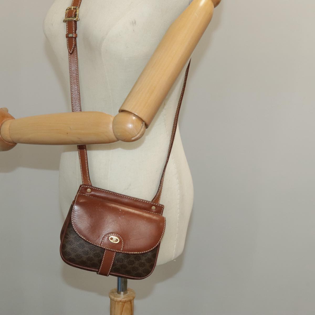 CELINE Macadam Canvas Shoulder Bag PVC Leather Brown Gold Auth 100176