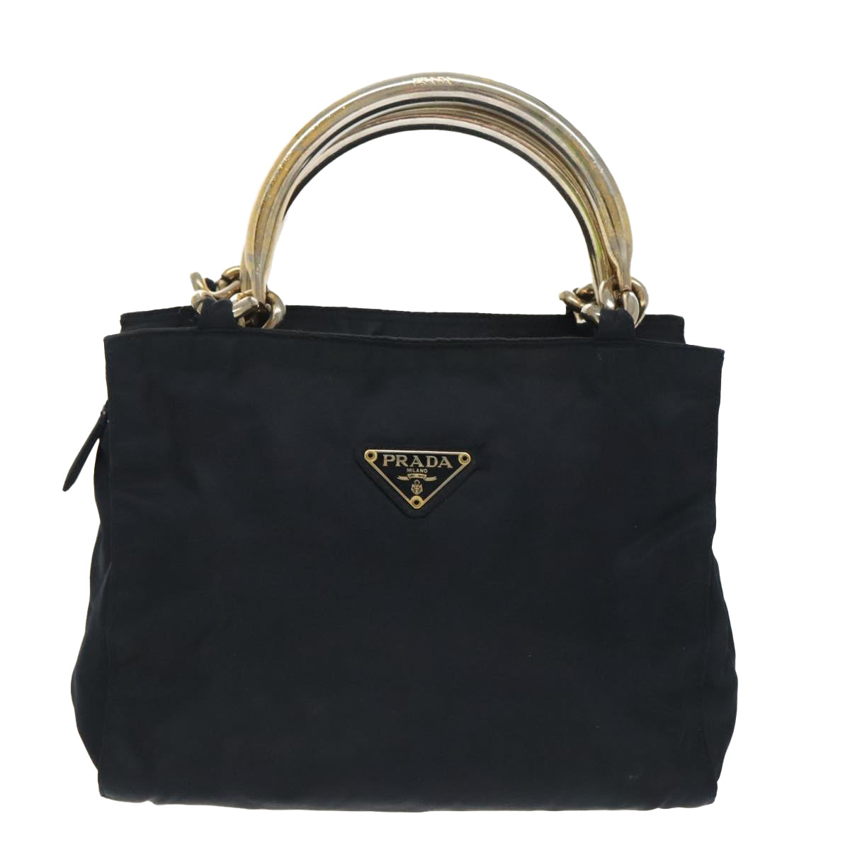 PRADA Hand Bag Nylon Navy Gold Auth 100228