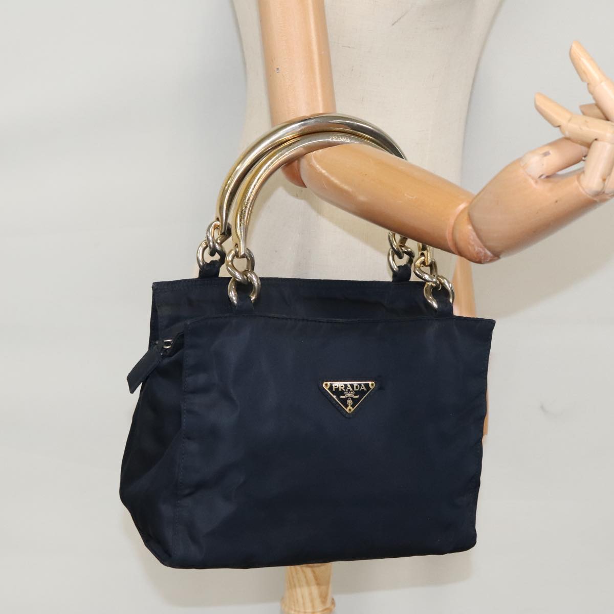 PRADA Hand Bag Nylon Navy Gold Auth 100228