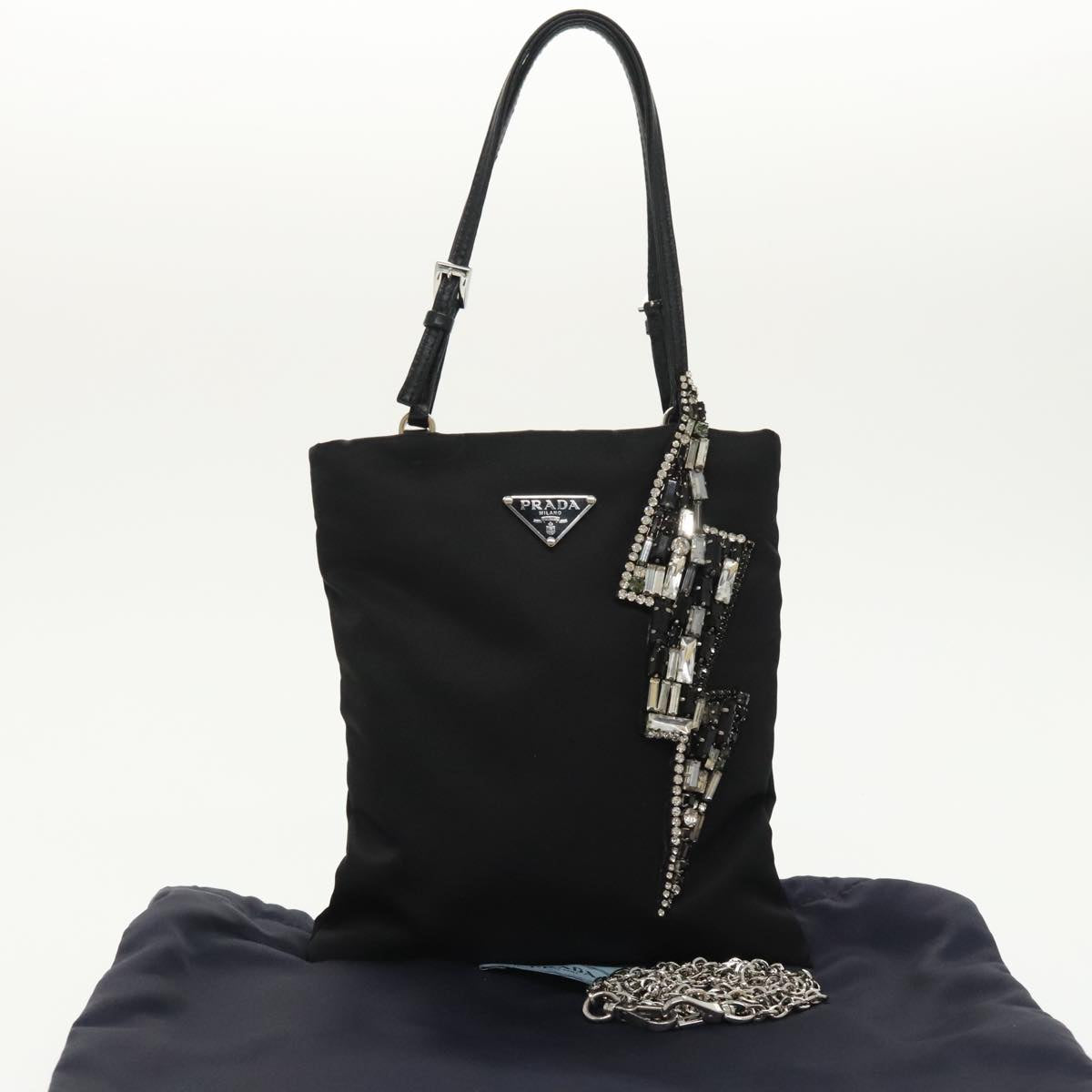 PRADA Chain Shoulder Bag Nylon Black Silver Auth 100262AV
