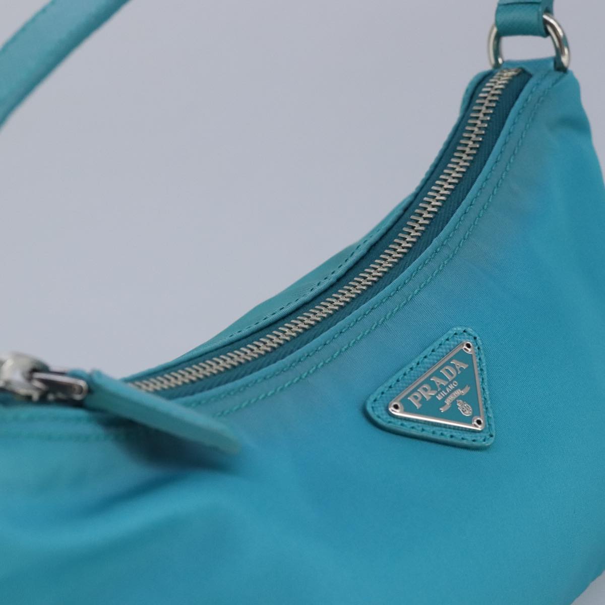 PRADA Accessory Pouch Nylon Turquoise Blue Silver Auth 100270