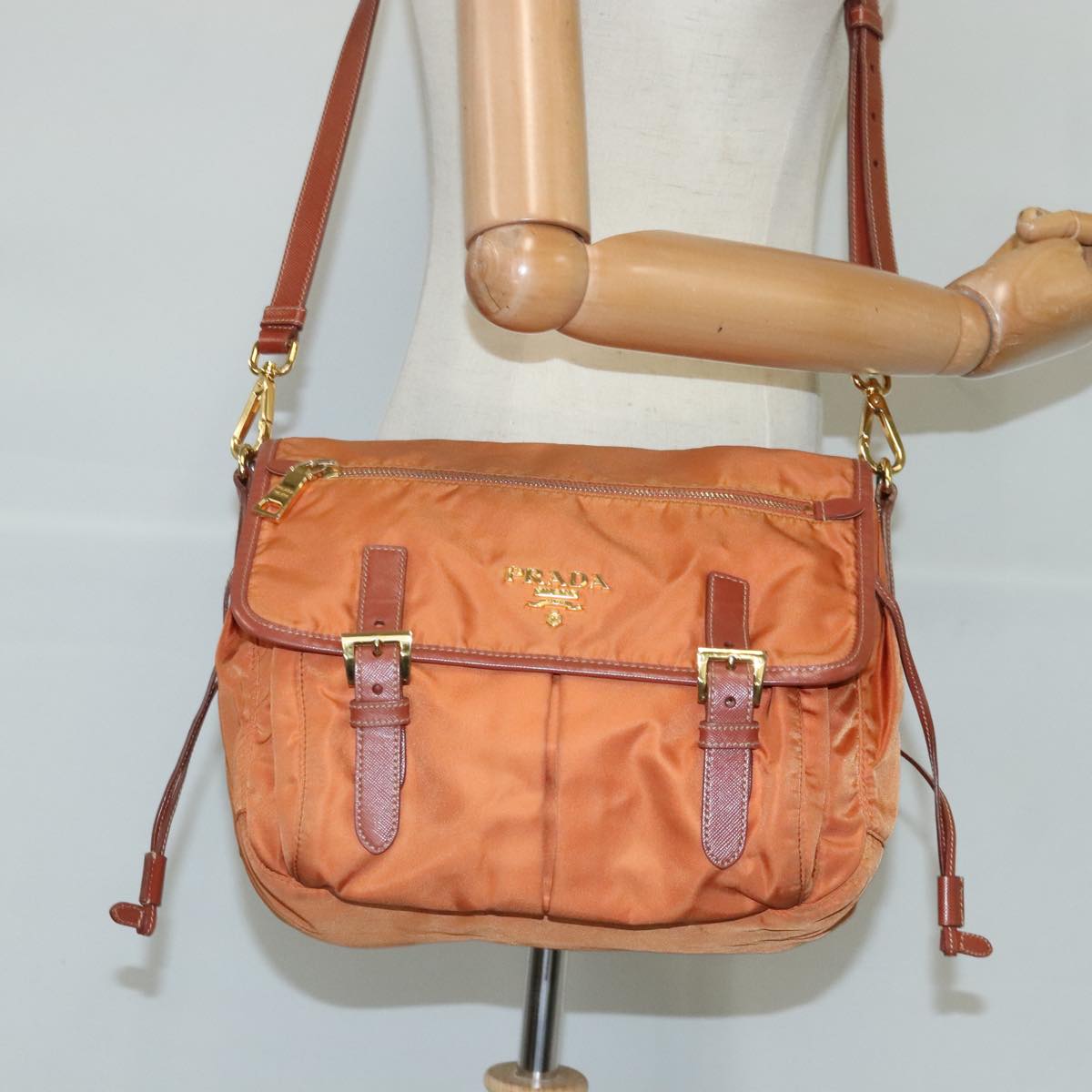 PRADA Shoulder Bag Nylon Orange Gold Auth 100273