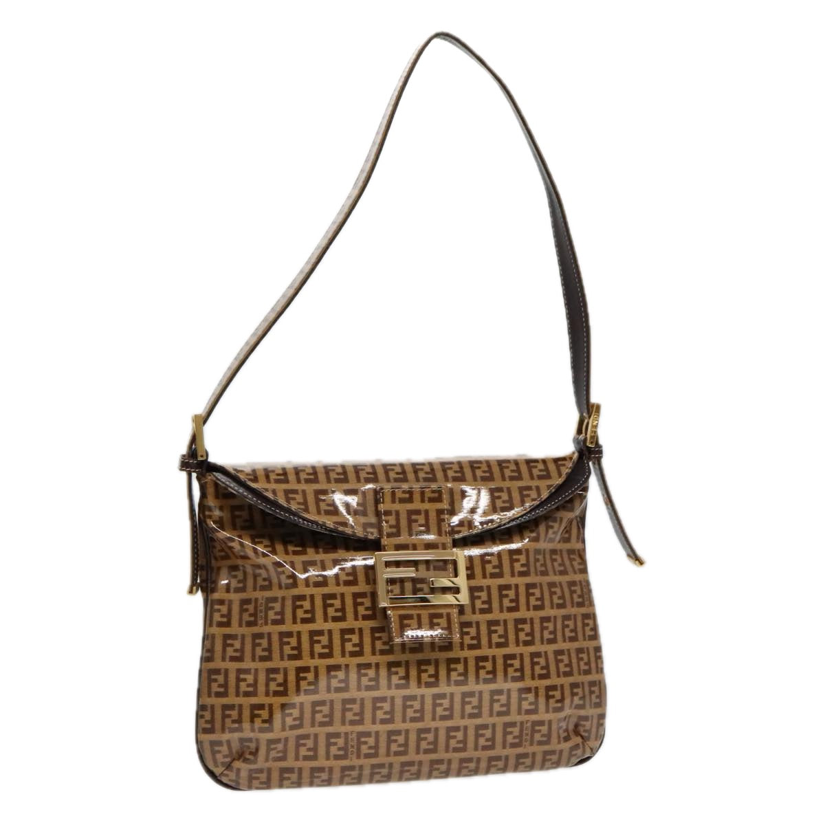 FENDI Zucchino Canvas Mamma Baguette Shoulder Bag Enamel Brown Gold Auth 100279