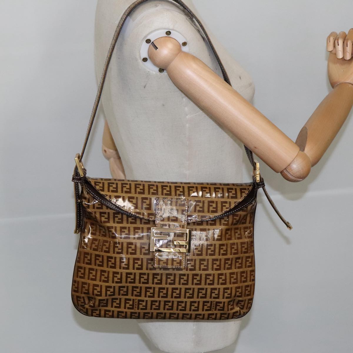 FENDI Zucchino Canvas Mamma Baguette Shoulder Bag Enamel Brown Gold Auth 100279