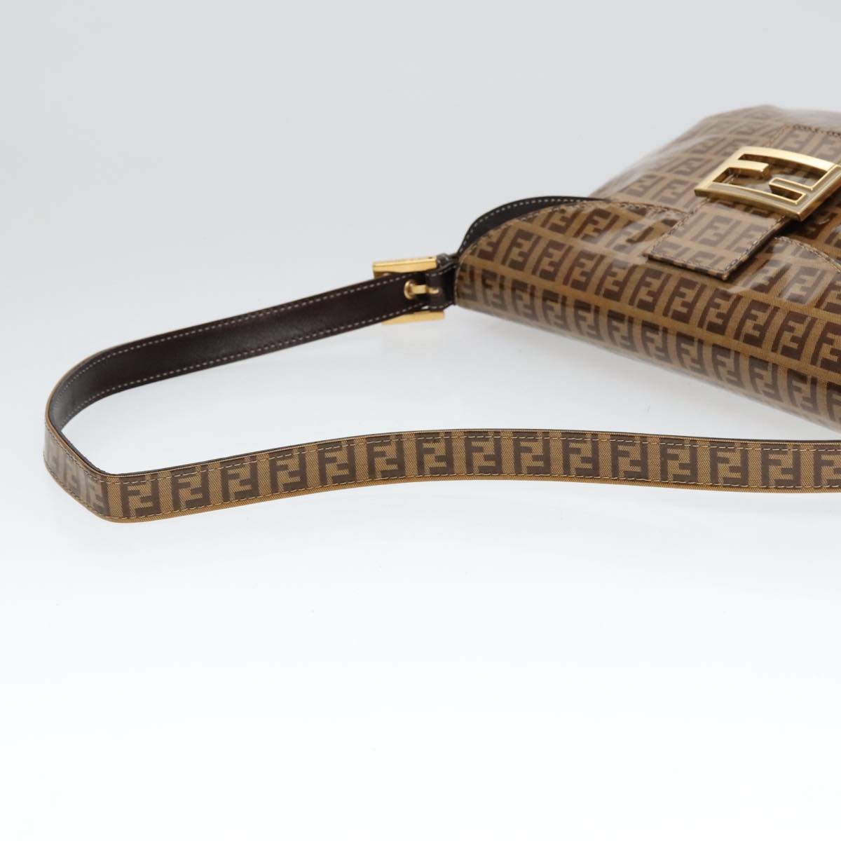 FENDI Zucchino Canvas Mamma Baguette Shoulder Bag Enamel Brown Gold Auth 100279