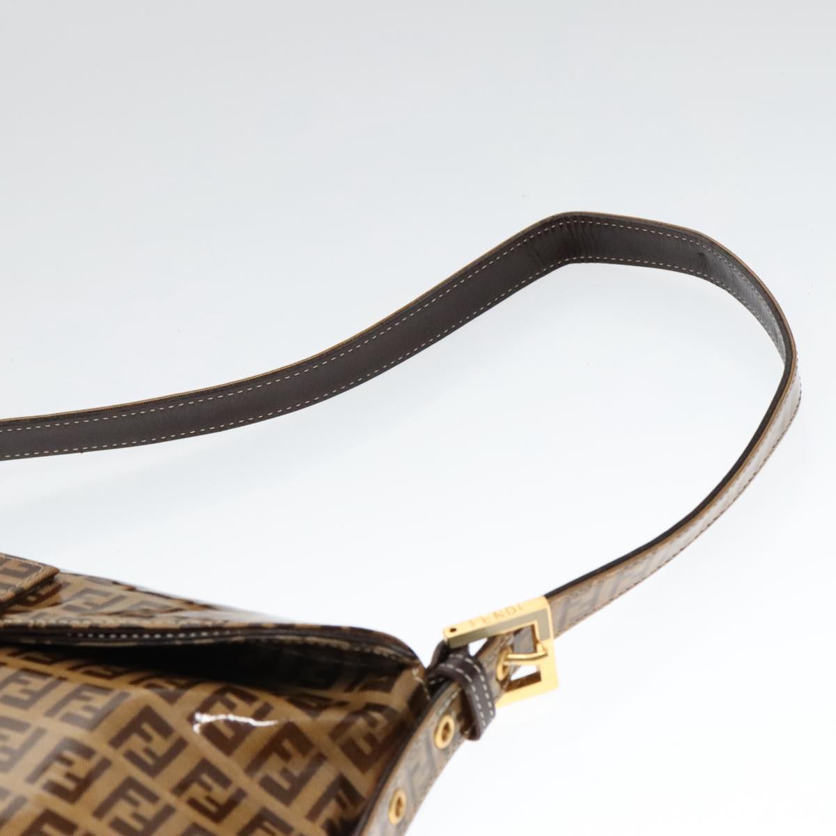 FENDI Zucchino Canvas Mamma Baguette Shoulder Bag Enamel Brown Gold Auth 100279