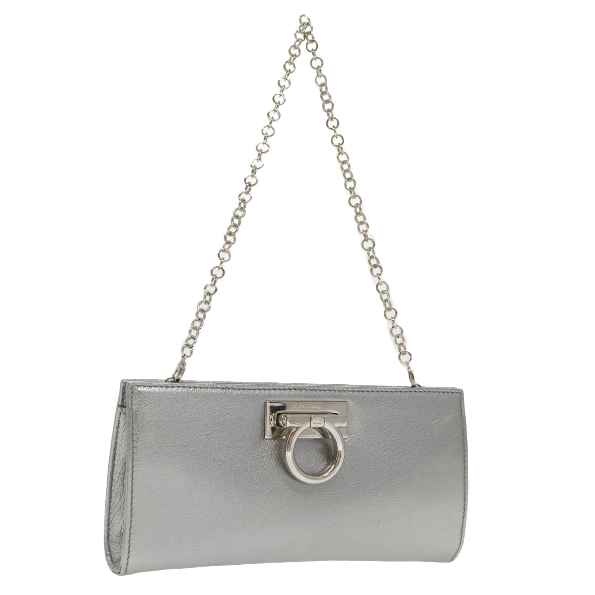 Salvatore Ferragamo Gancini Chain Shoulder Bag Leather Silver Auth 100290