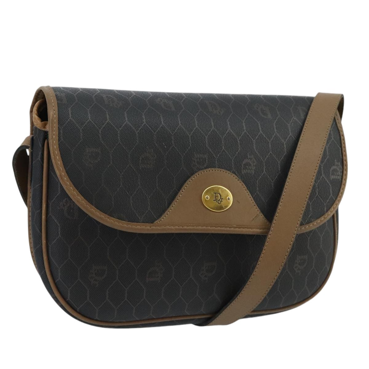 Christian Dior Honeycomb Canvas Shoulder Bag PVC Gold Black Auth 100296