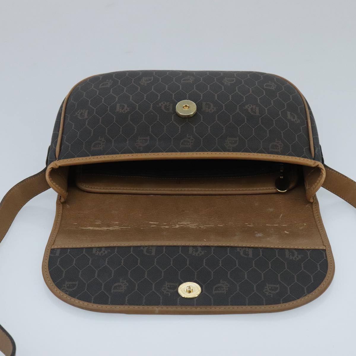 Christian Dior Honeycomb Canvas Shoulder Bag PVC Gold Black Auth 100296