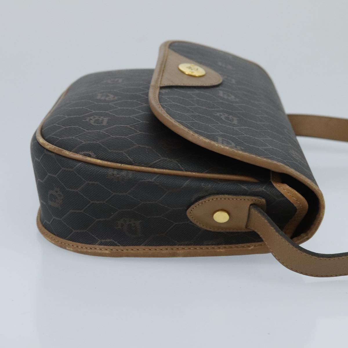 Christian Dior Honeycomb Canvas Shoulder Bag PVC Gold Black Auth 100296