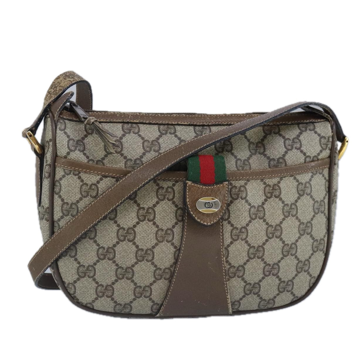 GUCCI GG Supreme Web Sherry Line Shoulder Bag PVC Beige Gold Auth 100314