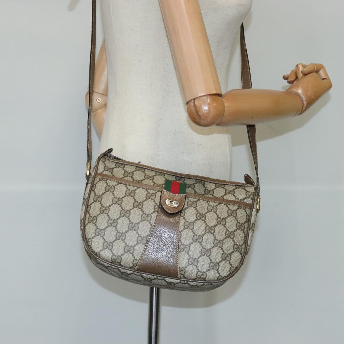 GUCCI GG Supreme Web Sherry Line Shoulder Bag PVC Beige Gold Auth 100314