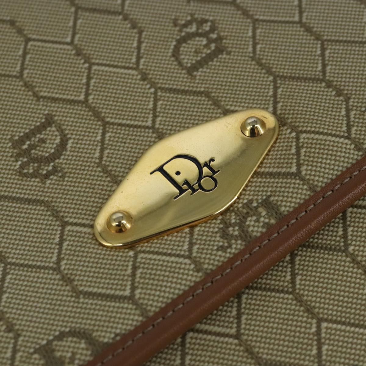 Christian Dior Honeycomb Canvas Shoulder Bag Beige Brown Gold Auth 100360