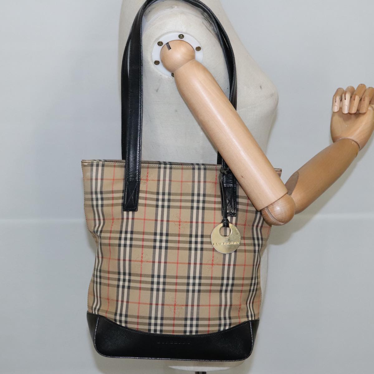 BURBERRY Nova Check Shoulder Bag Canvas Beige Gold Auth 100413