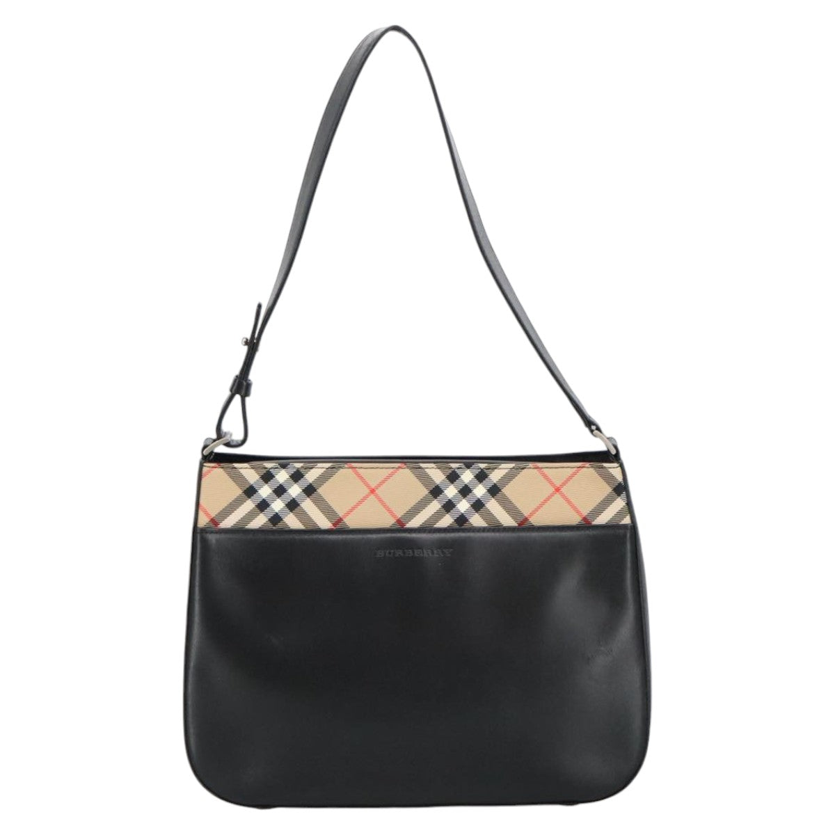 BURBERRY Nova Check Shoulder Bag Leather Black Silver beige Auth 100646