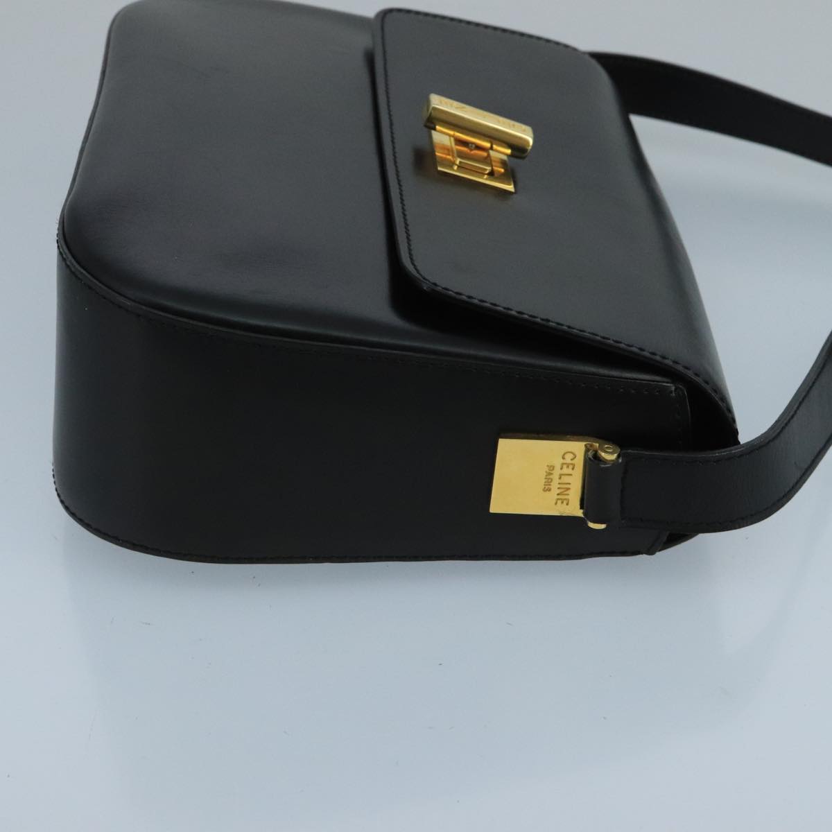 CELINE Leather Shoulder Bag Black Gold Auth 100654