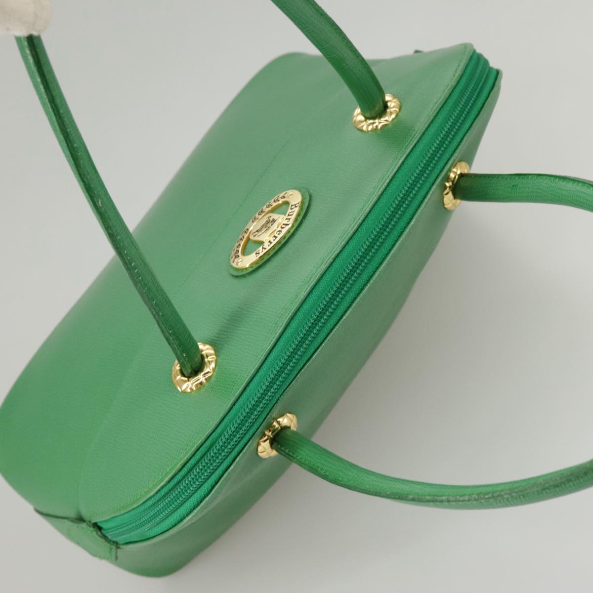 Burberrys Hand Bag Leather Green Gold Auth 100662