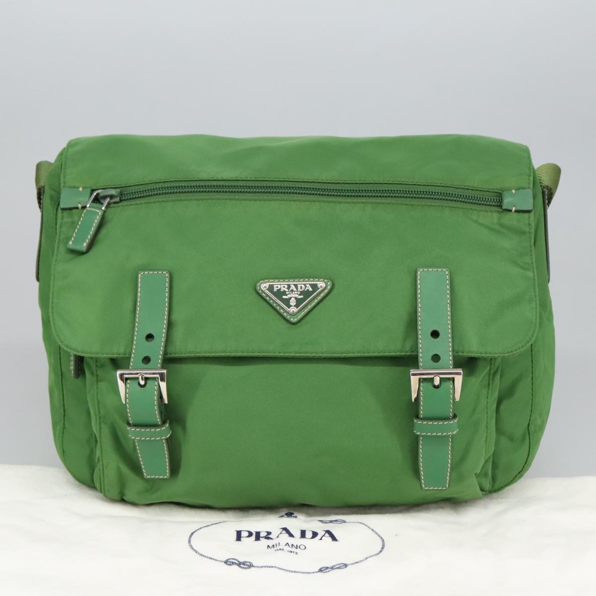 PRADA Shoulder Bag Nylon Green Silver Auth 100663