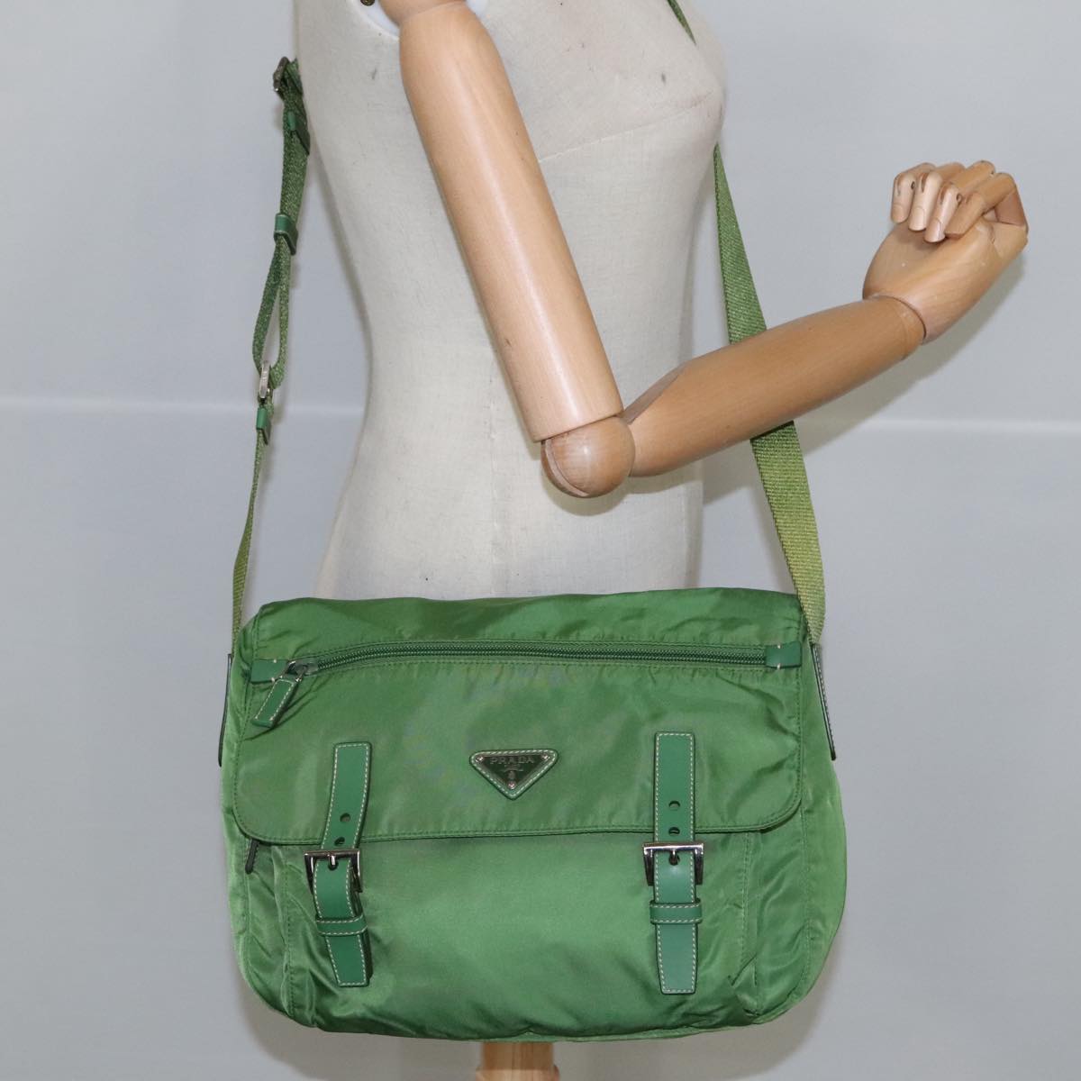 PRADA Shoulder Bag Nylon Green Silver Auth 100663