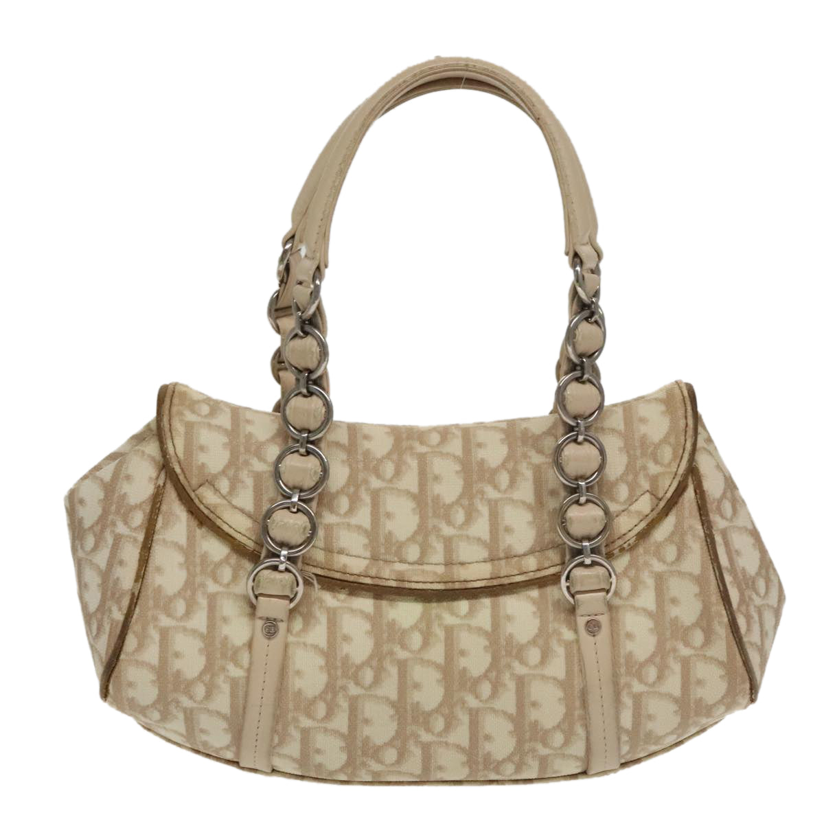 Christian Dior Trotter Canvas Romantic Hand Bag PVC Beige Silver Auth 100673