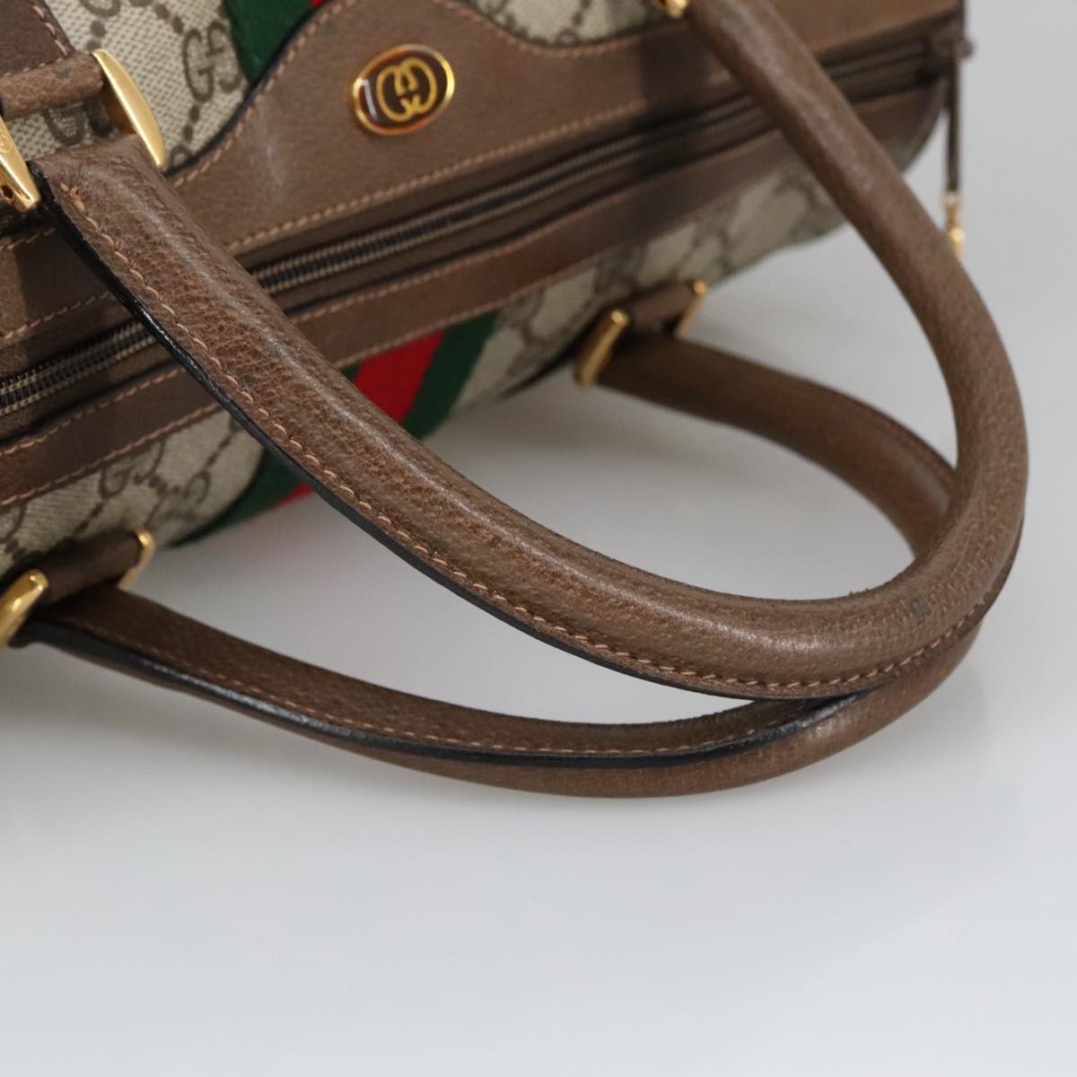 GUCCI GG Supreme Web Sherry Line Hand Bag PVC Leather Beige Gold Auth 100683