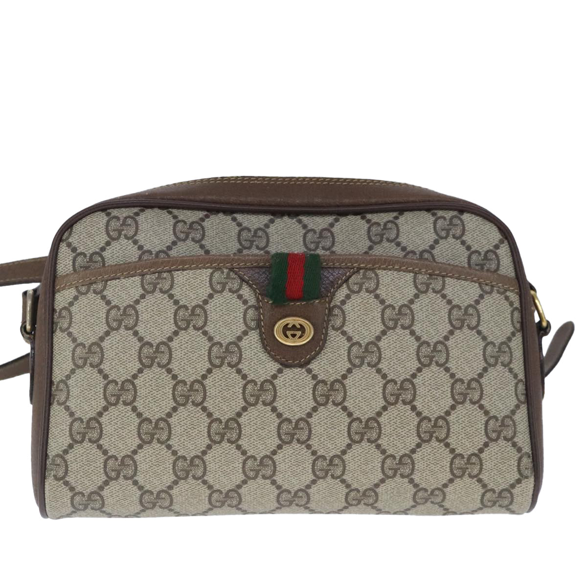 GUCCI GG Supreme Web Sherry Line Shoulder Bag PVC Beige Gold Auth 100686