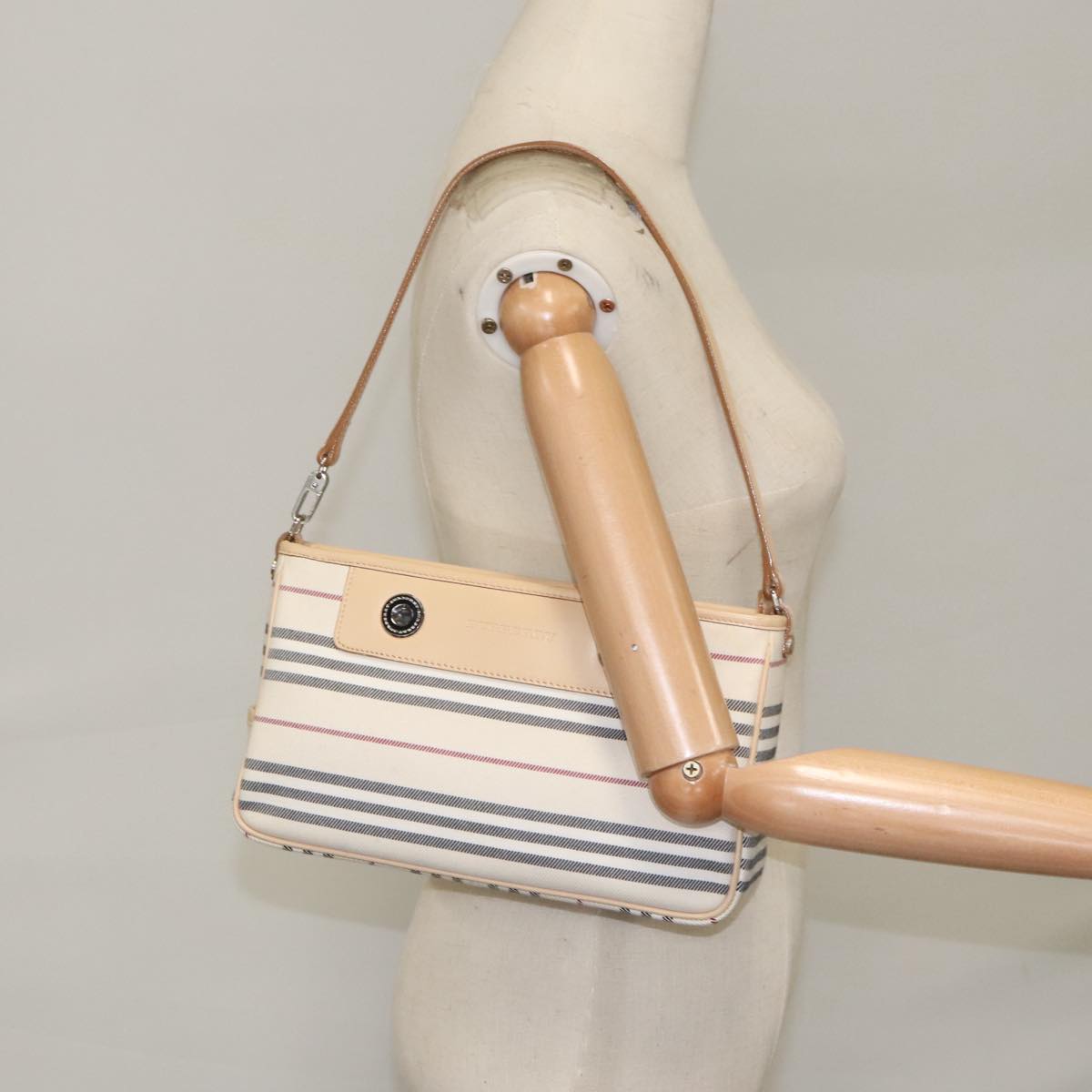 BURBERRY Nova Check Shoulder Bag Canvas Leather Beige White Auth 100698