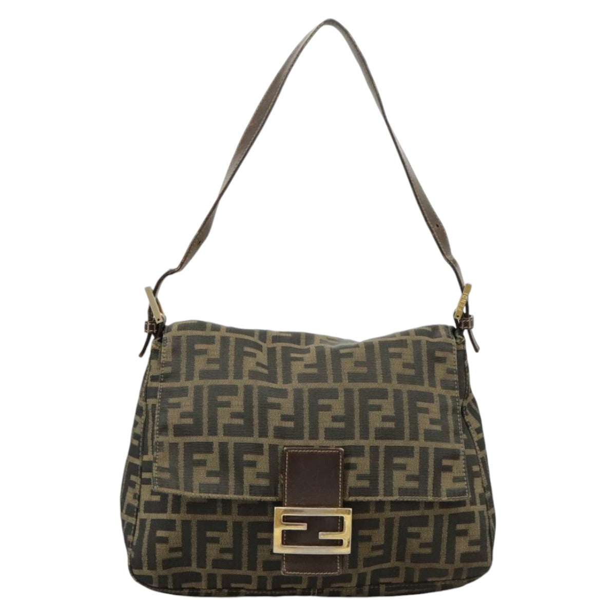 FENDI Zucca Canvas Mamma Baguette Shoulder Bag Brown Black Auth 100706